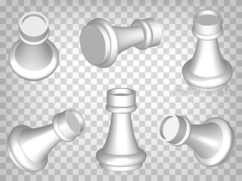 矢量3d现实的国际象棋图标集白色车孤立。在透明背景上的3d Rook模型透视投影集。3 d图。图形元素的设计。每股收益10